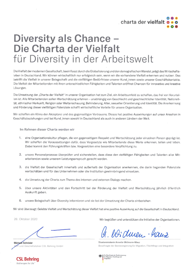 Die Urkunde der Charta der Vielfalt