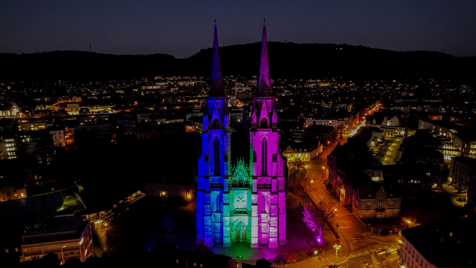 Drone picture of lit-up church