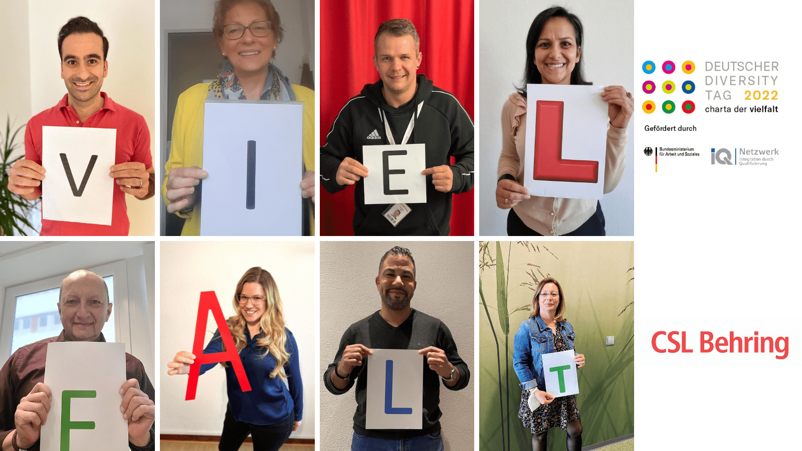 Collage with 8 people holding letters with the German word for Diversity