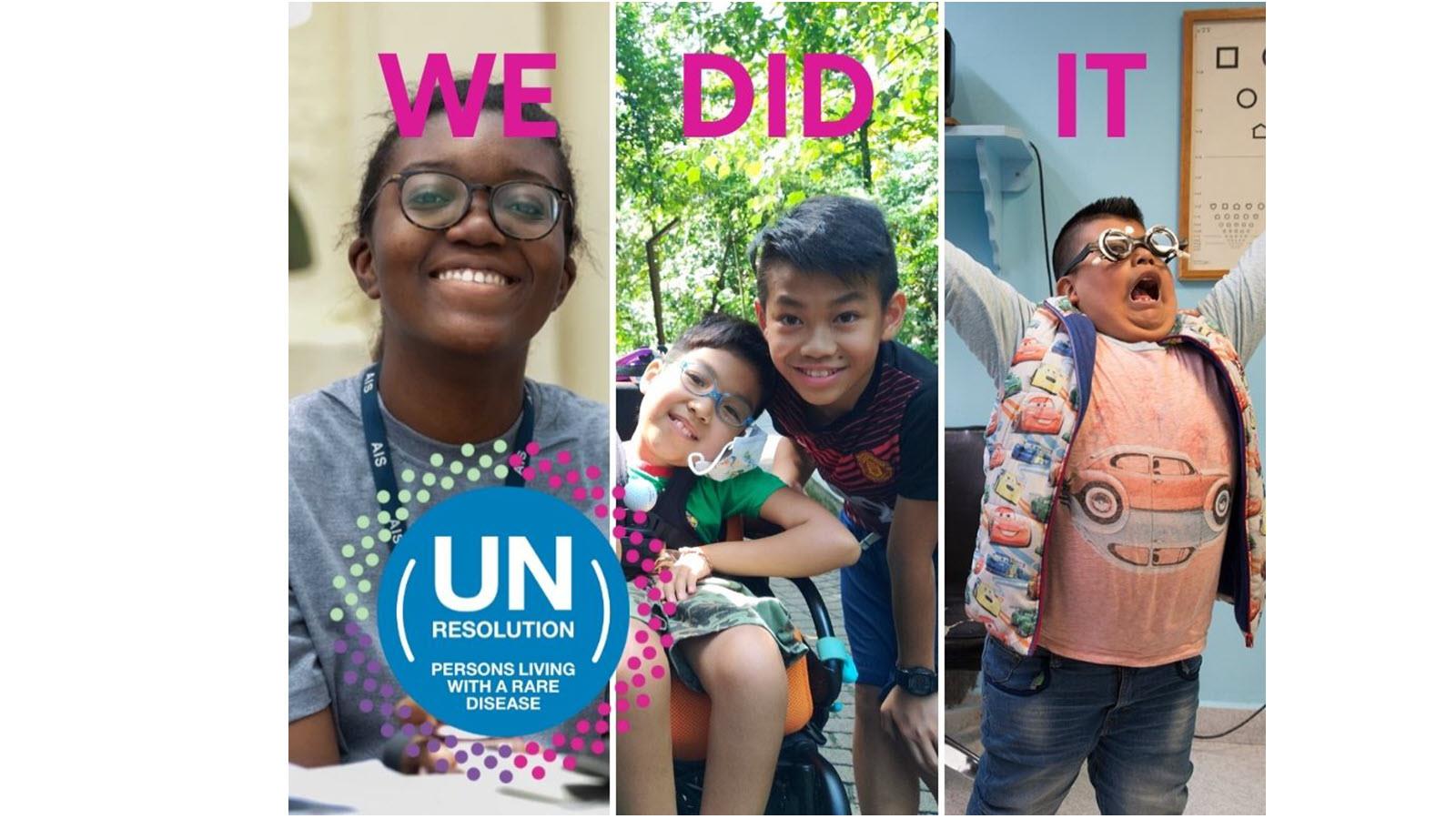 Three smiling children celebrate the passage of a UN resolution for rare disease patients under the headline "We did it."